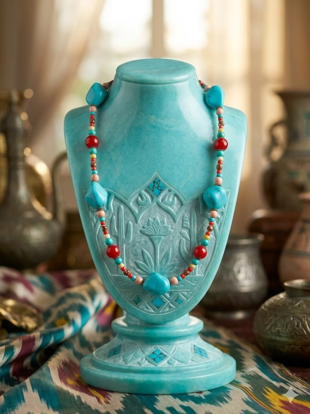 Handmade              Turquoise & Red Beaded Necklace - Women Jewelry